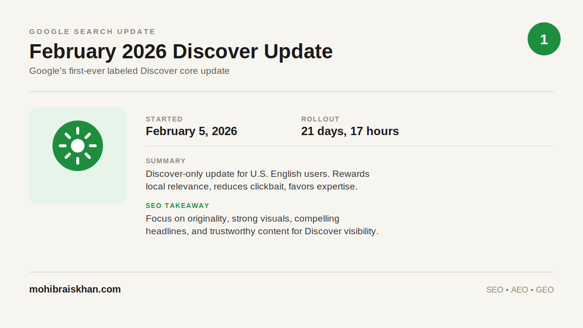 Google February 2026 Discover update infographic showing rollout dates and SEO takeaway
